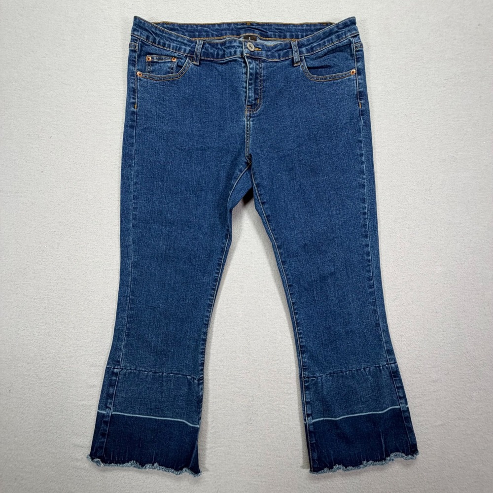 Hue Women Jeans Flare Blue Raw Hem Cropped Denim Large